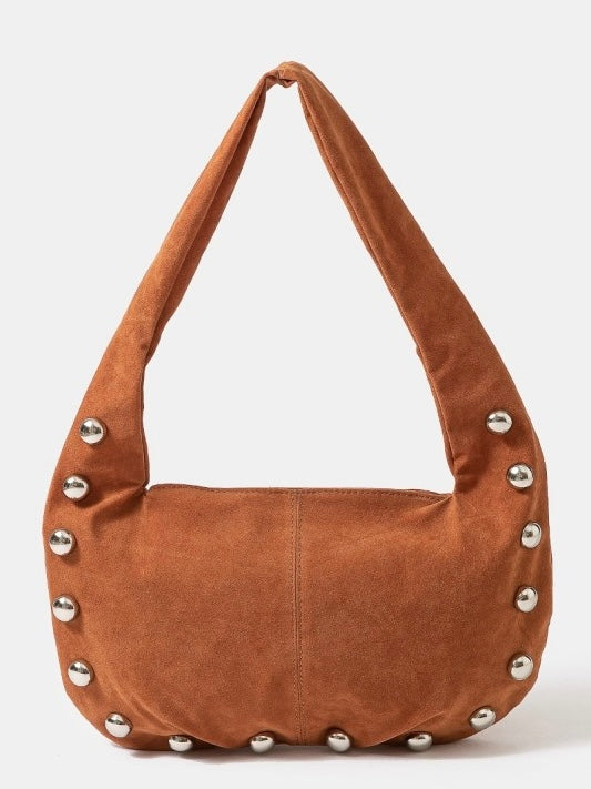 Studded Light Brown Soft Hobo Shoulder Bag