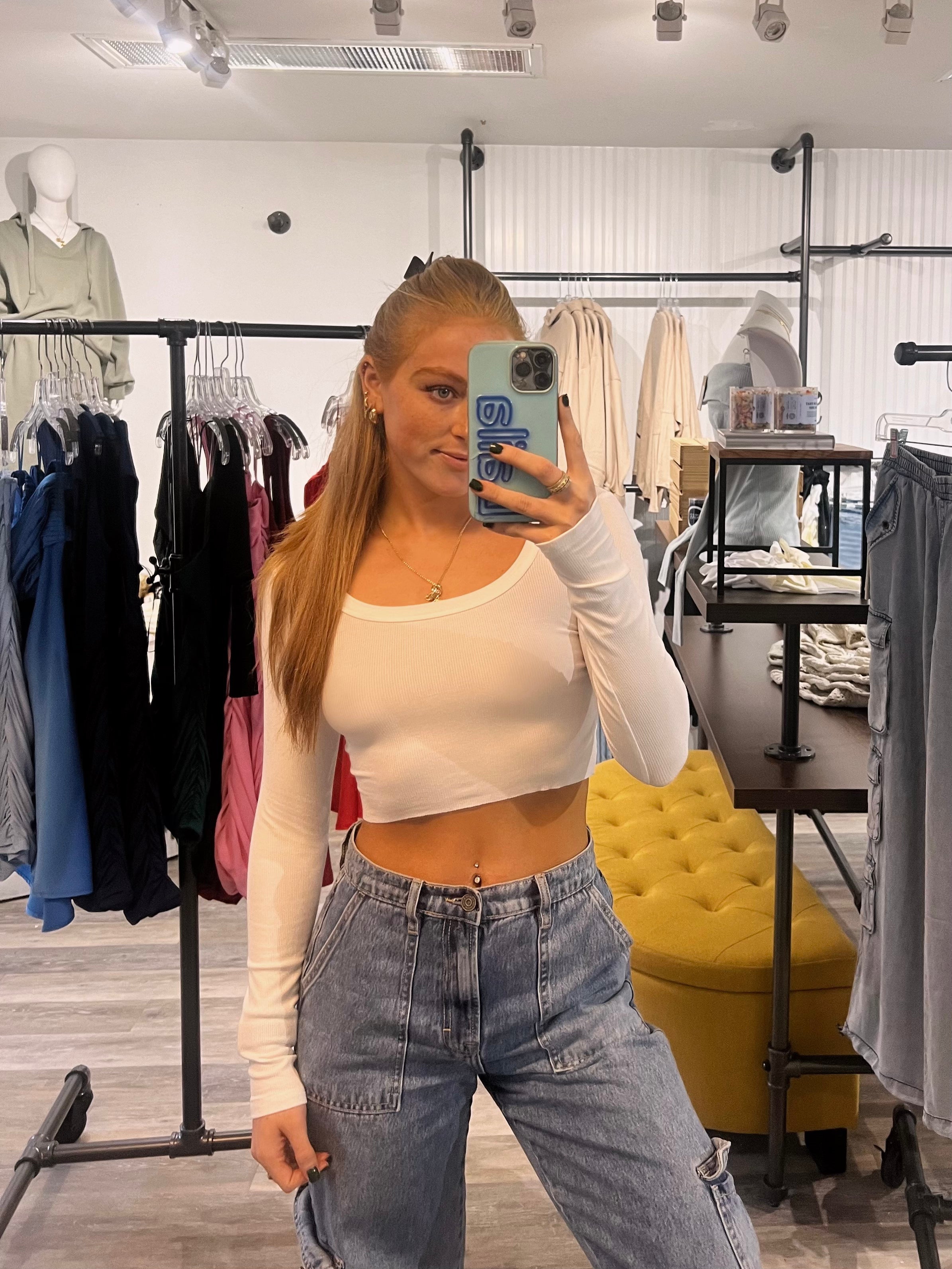 24/7 Cropped Long Sleeve White Baby Tee