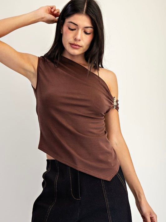 Lauren One Shoulder With Metal Trim Asymmetrical Hem Top -