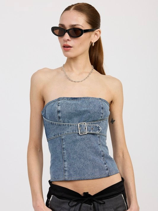 Nashville Buckle Denim Strapless Top