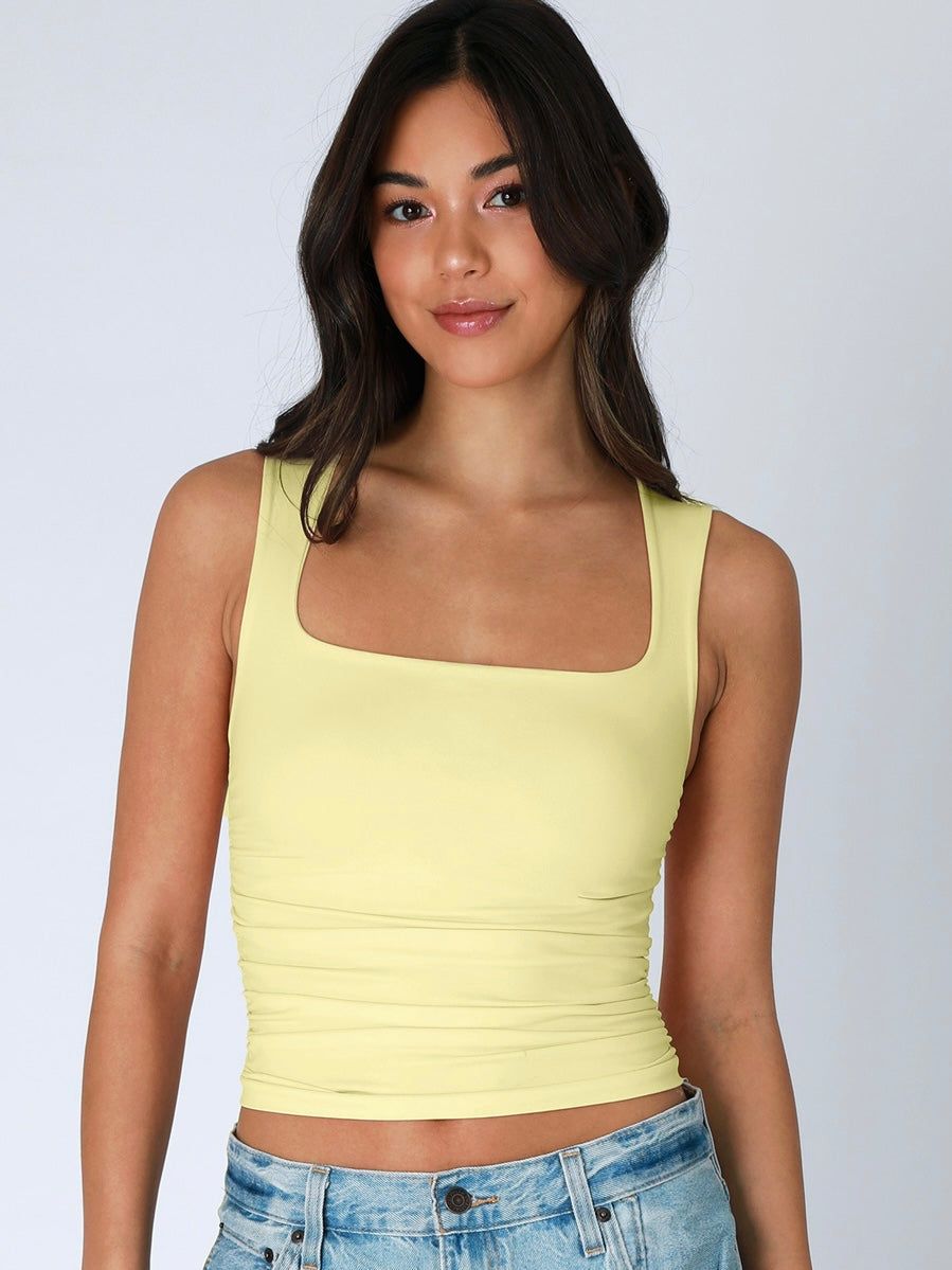 Cora Pale Lemon Square Shirred Top
