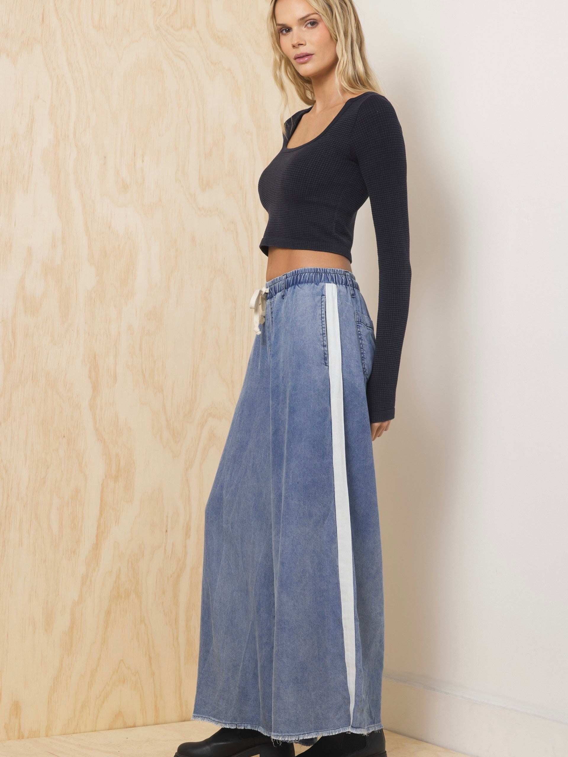 Washed Denim with Ivory Tencel Wide Leg Pant with Contrast Taping