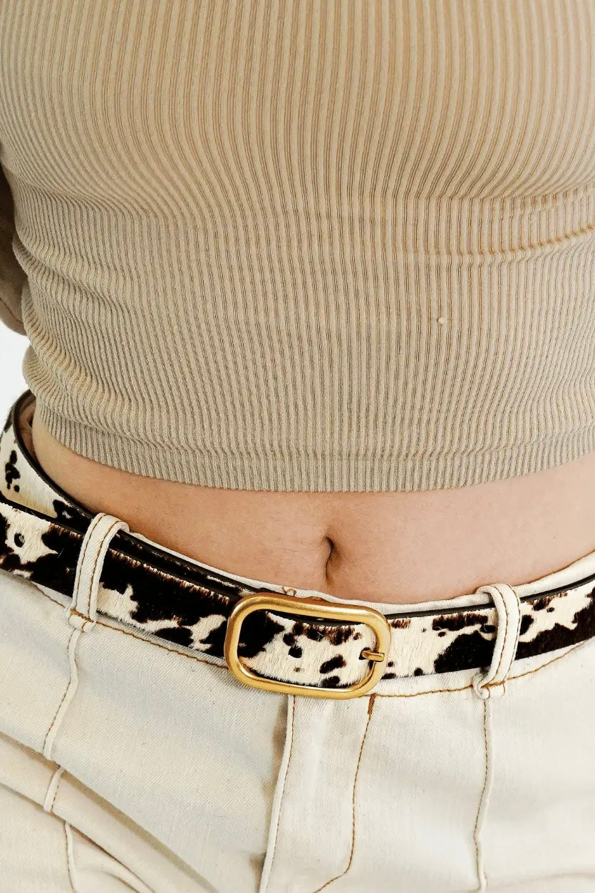 Morgan Cow Print Belt with Rectangular Buckle