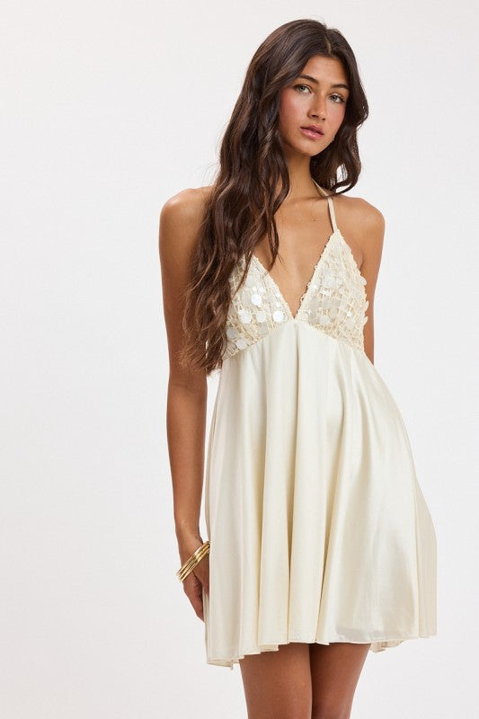 Juliette Cream Satin Sequin Babydoll Mini Dress