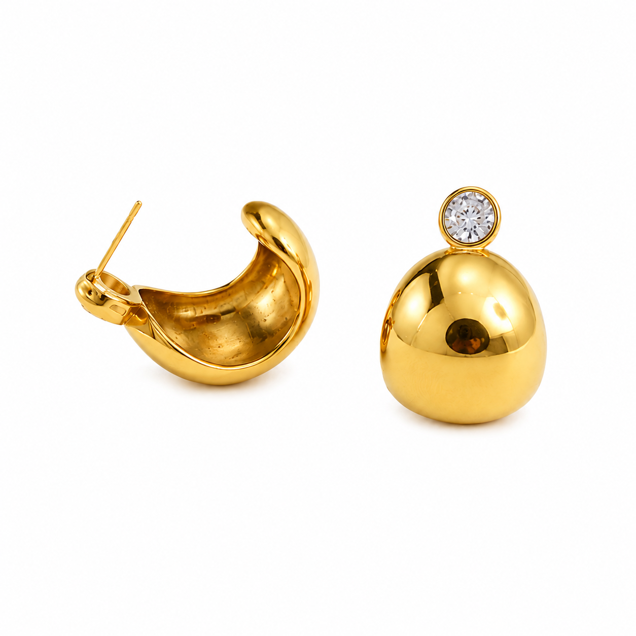 Rae & Jade Classic C-Hoop Earrings with Bezeled CZ detail – 18K Gold Plated Stainless Steel