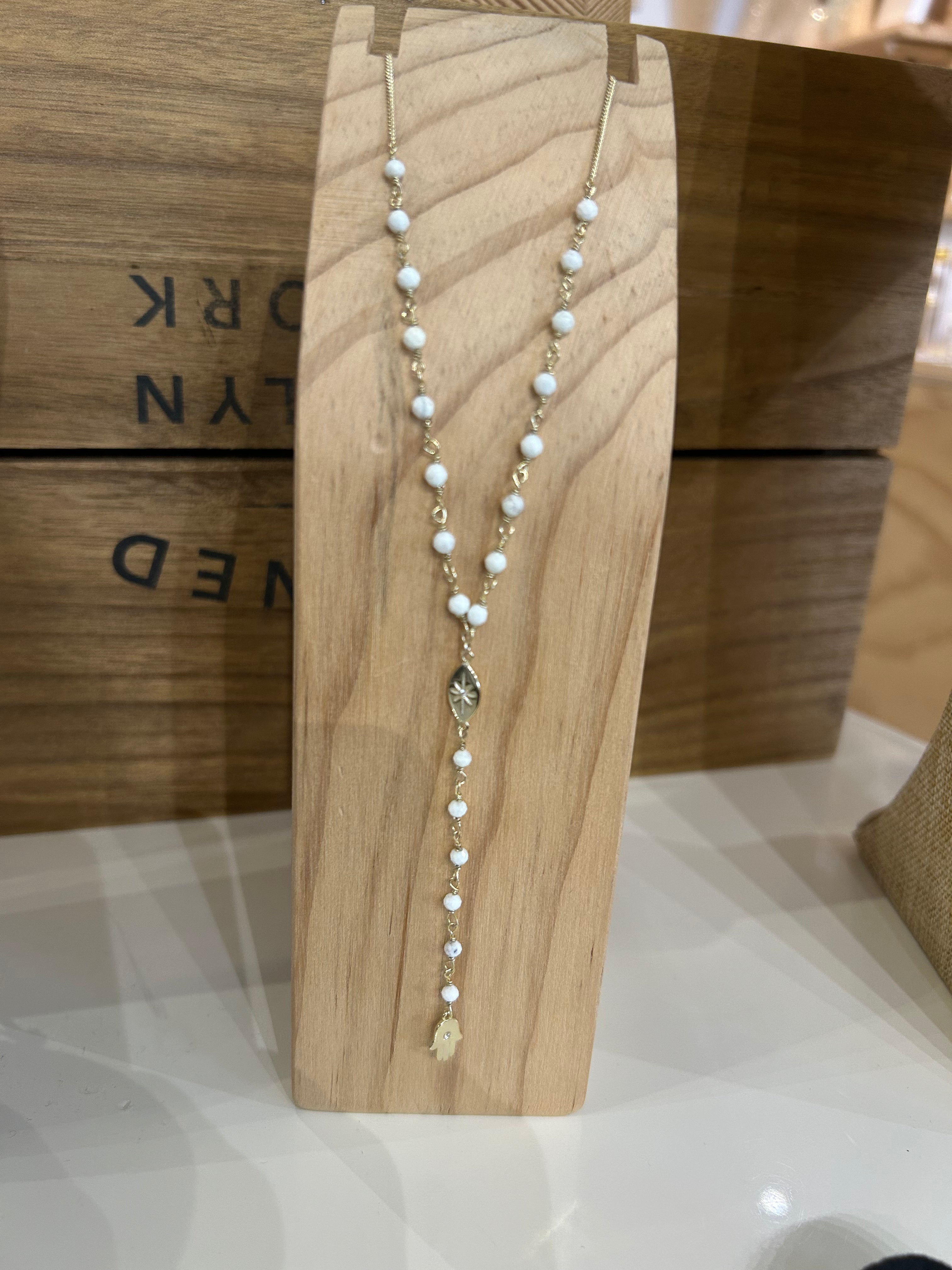 Hamsa White Bead Lariat Necklace