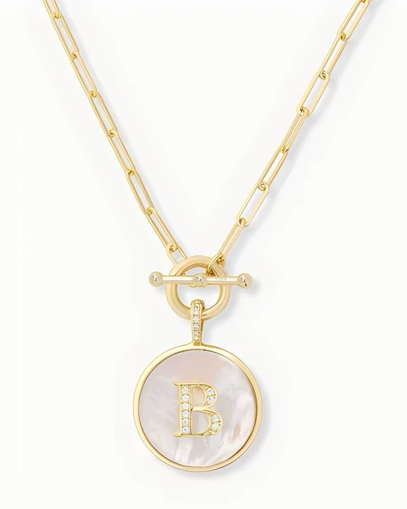 Rae & Jade Mother of Pearl Initial Pendant Necklace – 14K Gold Plated, 32" Chain