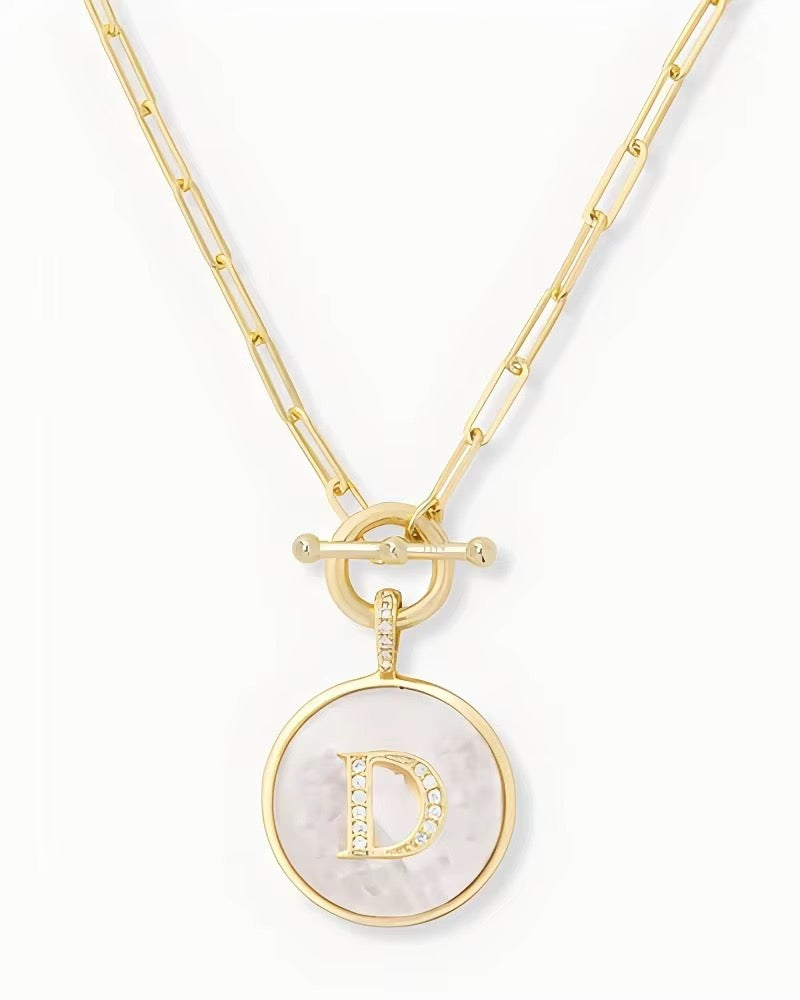 Rae & Jade Mother of Pearl Initial Pendant Necklace – 14K Gold Plated, 32" Chain