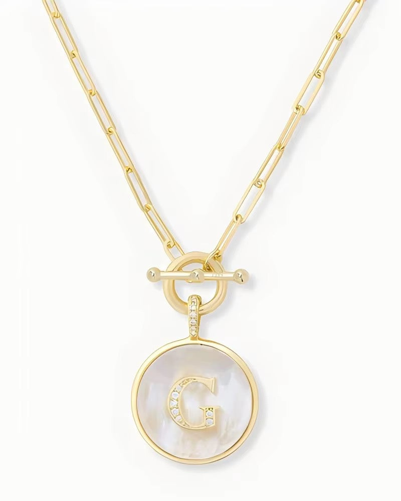 Rae & Jade Mother of Pearl Initial Pendant Necklace – 14K Gold Plated, 32" Chain