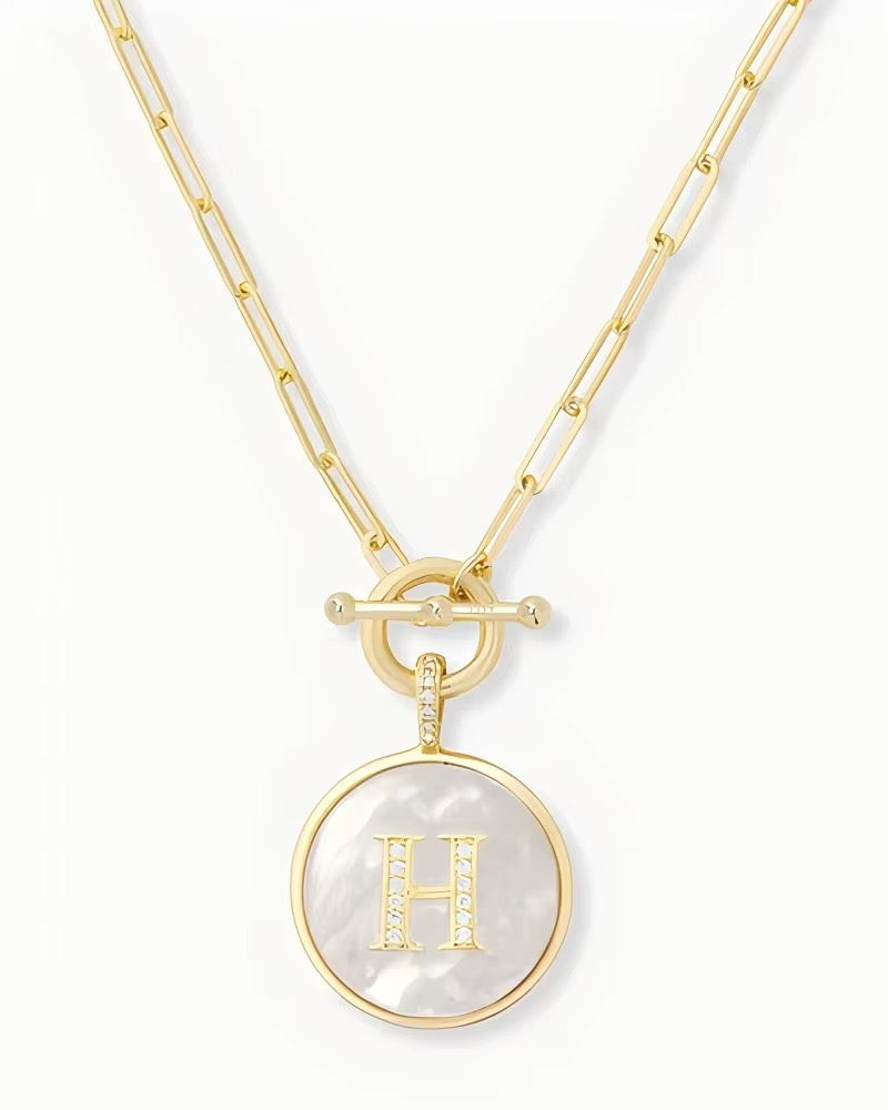 Rae & Jade Mother of Pearl Initial Pendant Necklace – 14K Gold Plated, 32" Chain