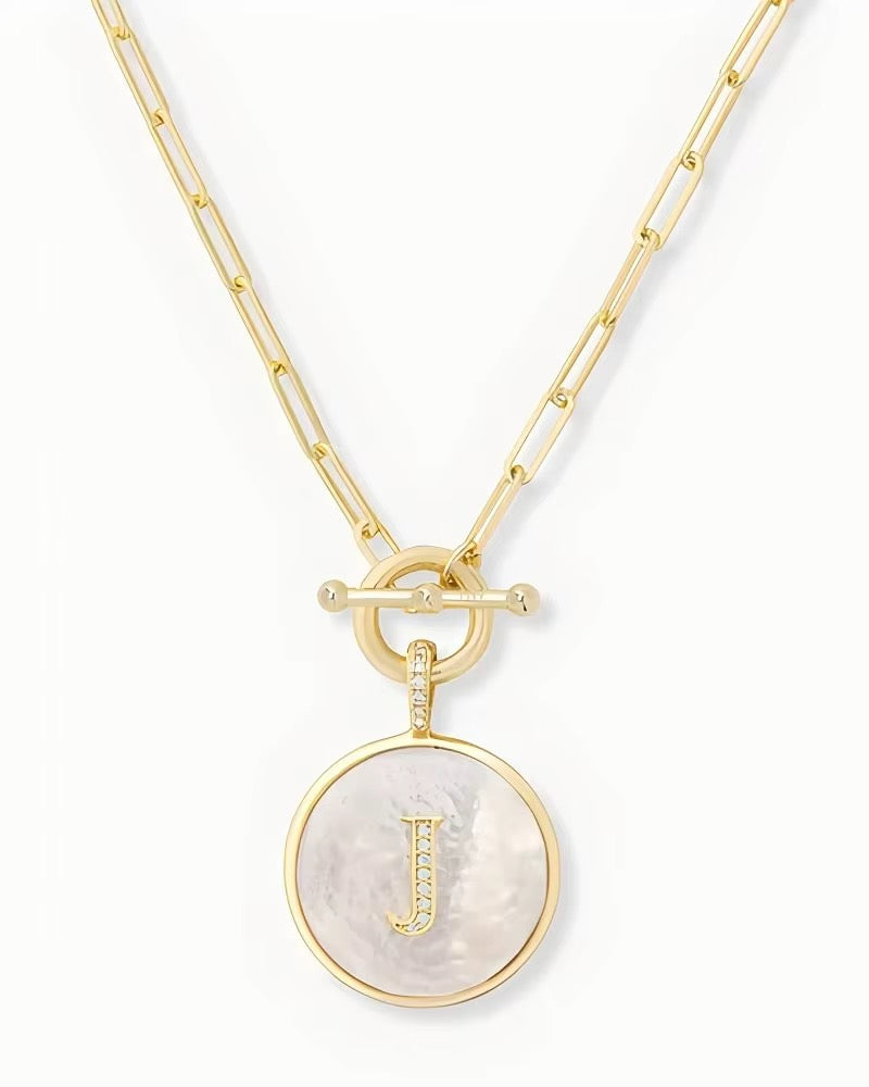 Rae & Jade Mother of Pearl Initial Pendant Necklace – 14K Gold Plated, 32" Chain