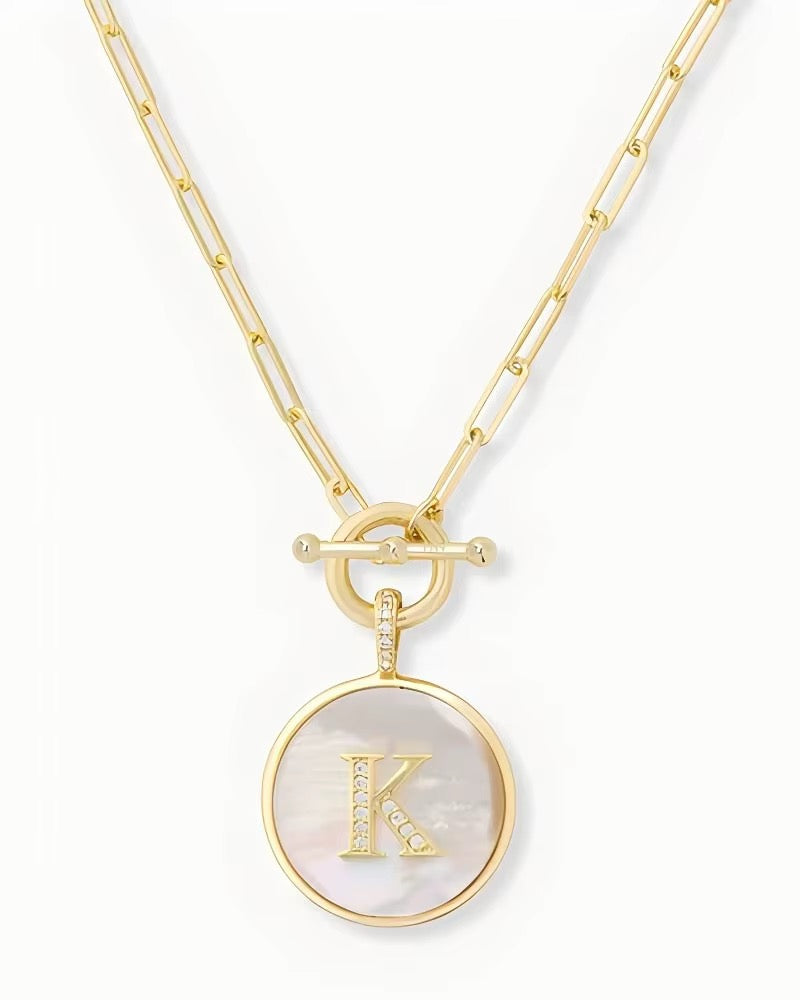 Rae & Jade Mother of Pearl Initial Pendant Necklace – 14K Gold Plated, 32" Chain