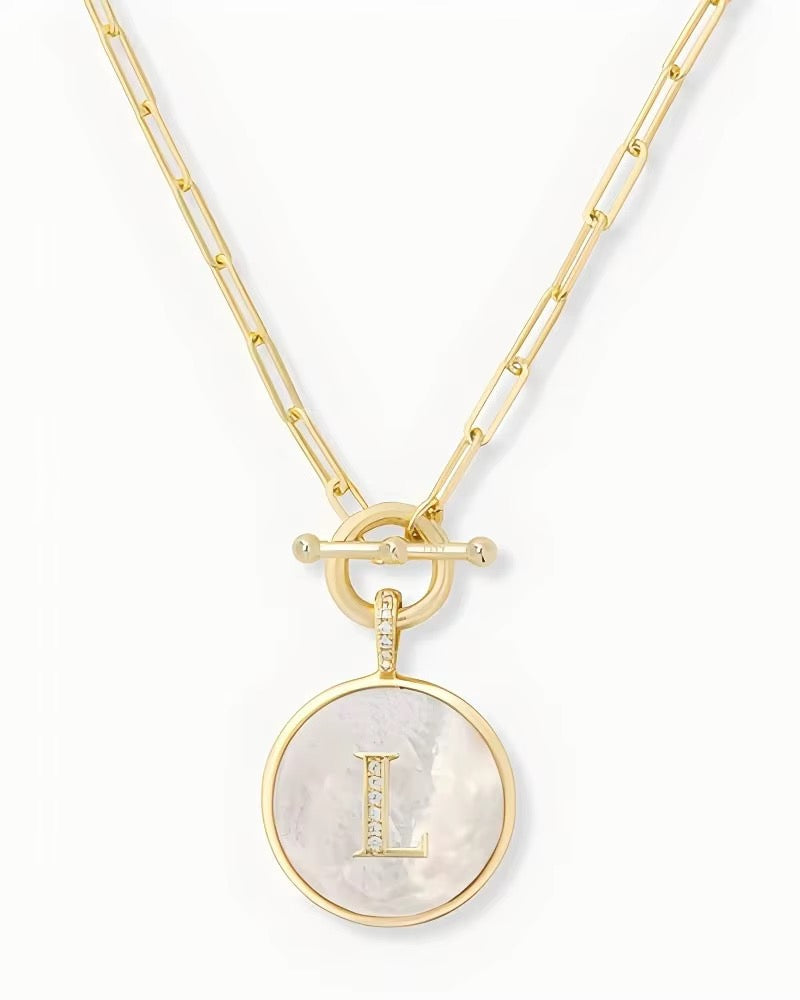 Rae & Jade Mother of Pearl Initial Pendant Necklace – 14K Gold Plated, 32" Chain