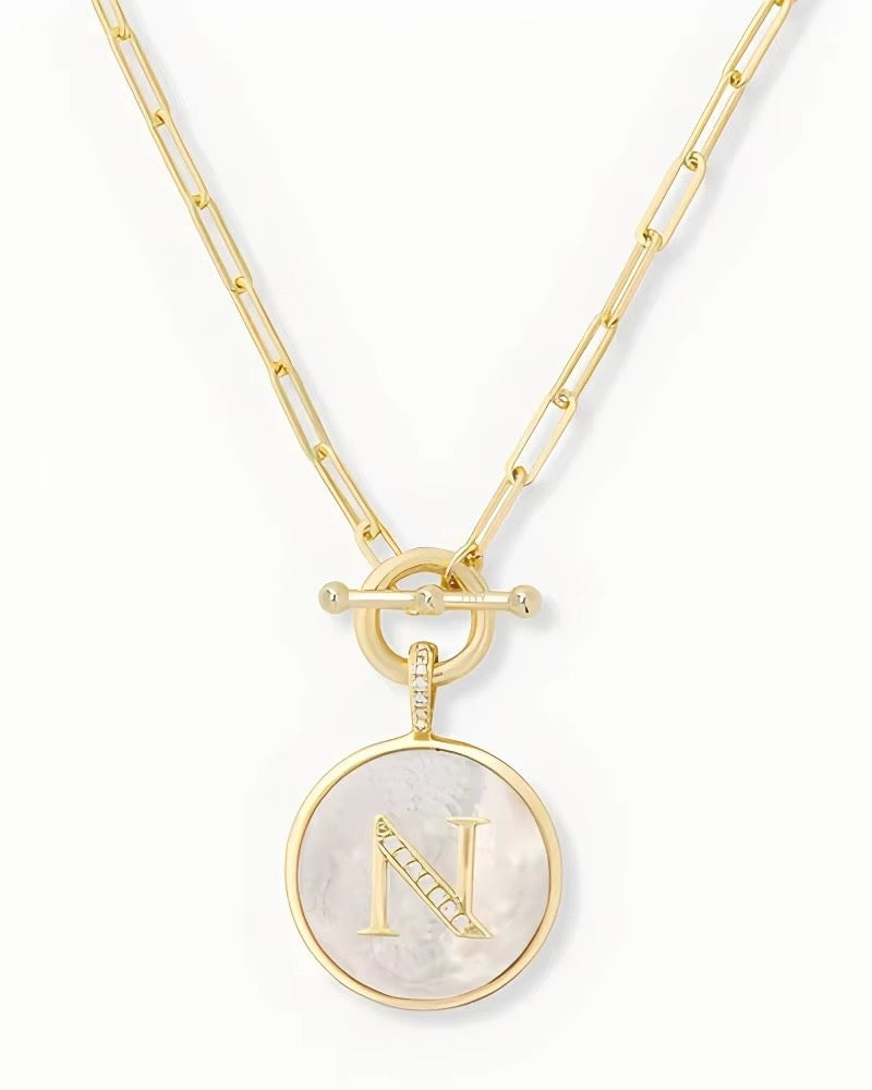 Rae & Jade Mother of Pearl Initial Pendant Necklace – 14K Gold Plated, 32" Chain