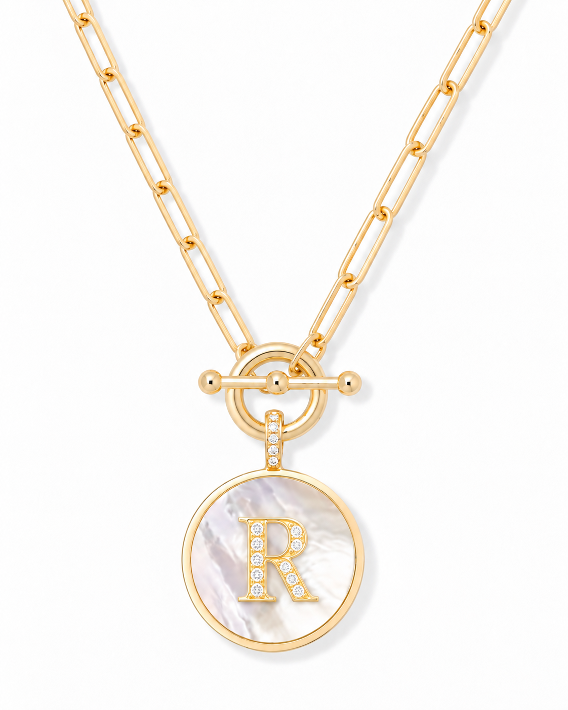 Rae & Jade Mother of Pearl Initial Pendant Necklace – 14K Gold Plated, 32" Chain