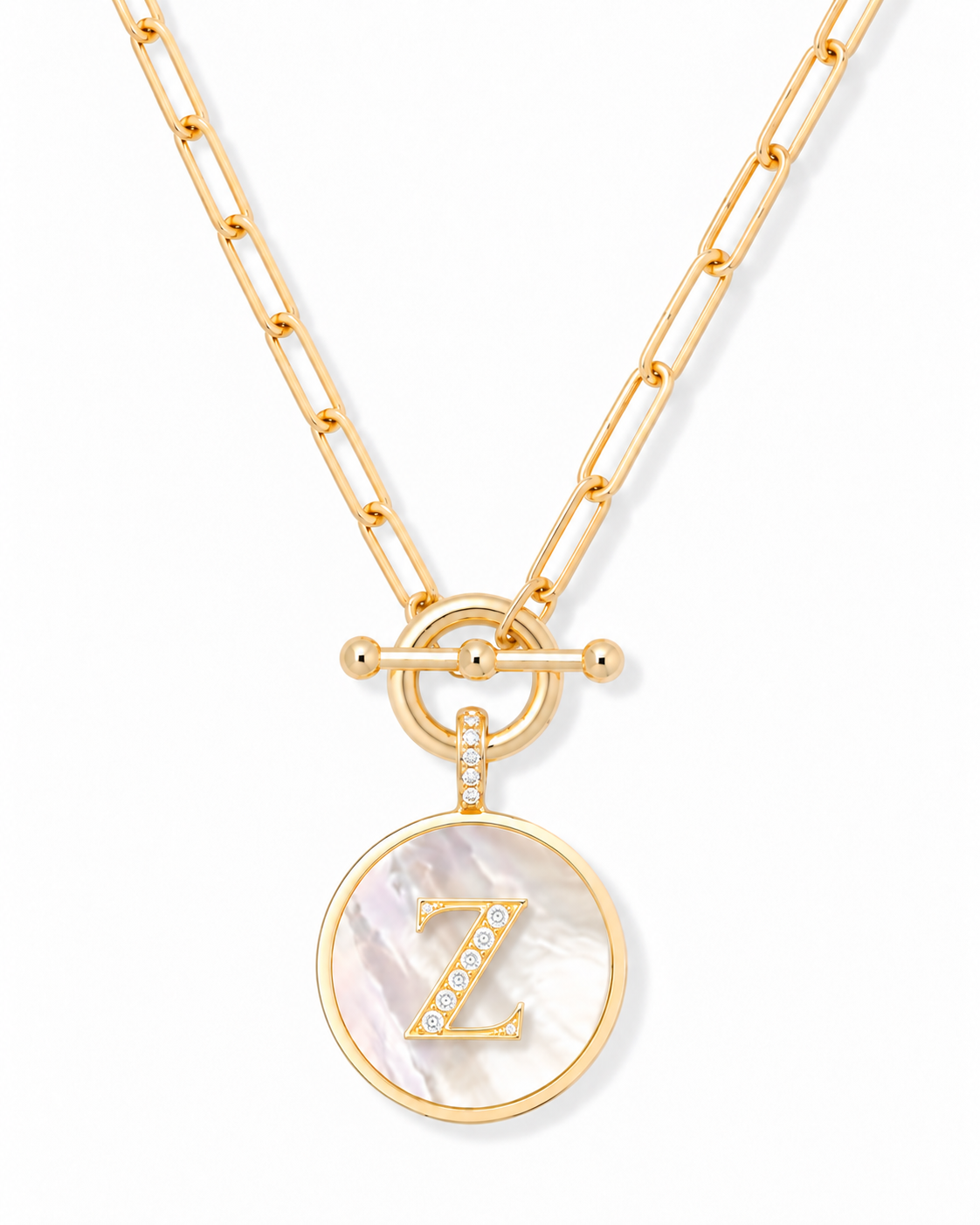 Rae & Jade Mother of Pearl Initial Pendant Necklace – 14K Gold Plated, 32" Chain