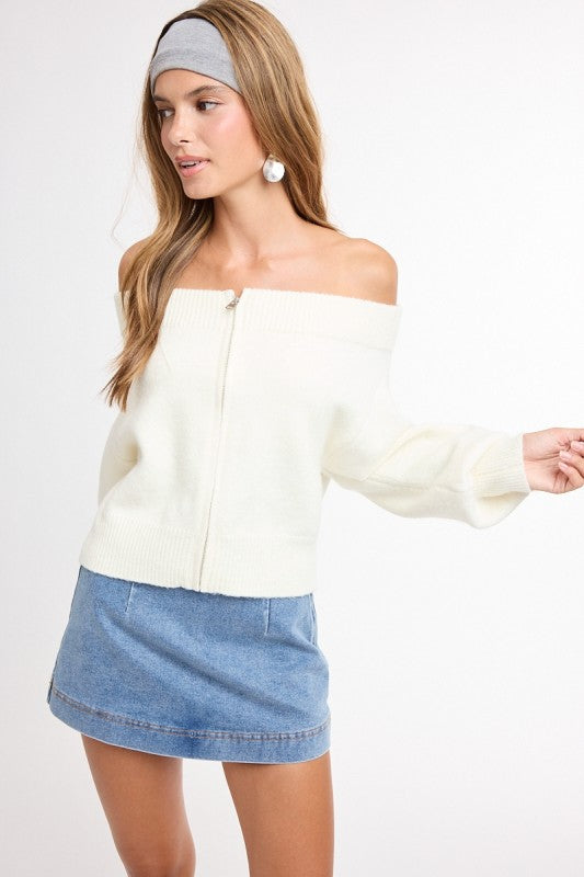 Molly Zip-Front Off-the-Shoulder Sweater