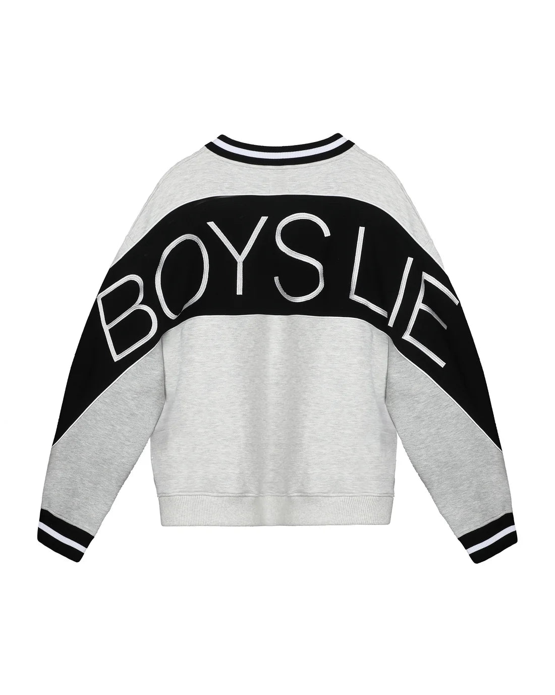 Boys V-neck sweatshirt with large black yoke and 'BOYS LIE' lettering on back