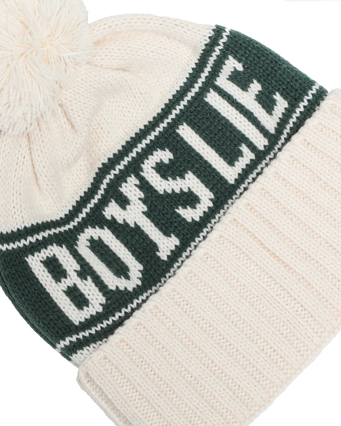 Cream knit beanie, green side stripe with BOYS LIE lettering, ribbed brim