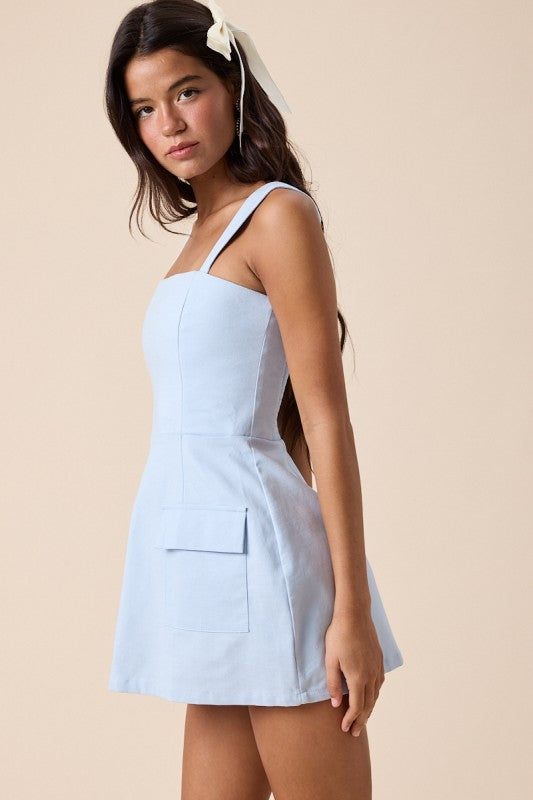 West Village Linen Dress Romper -Baby Blue