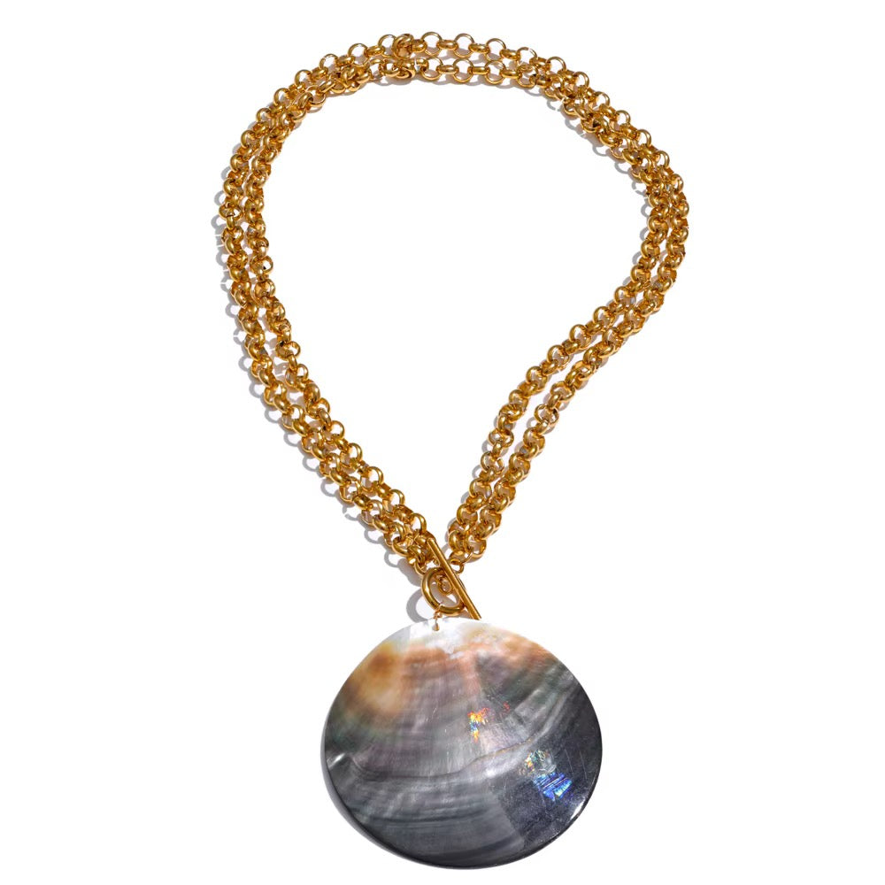 Golden Tide Shell Statement Necklace – Double Chain 18K Gold Plated, Water & Tarnish Resistant