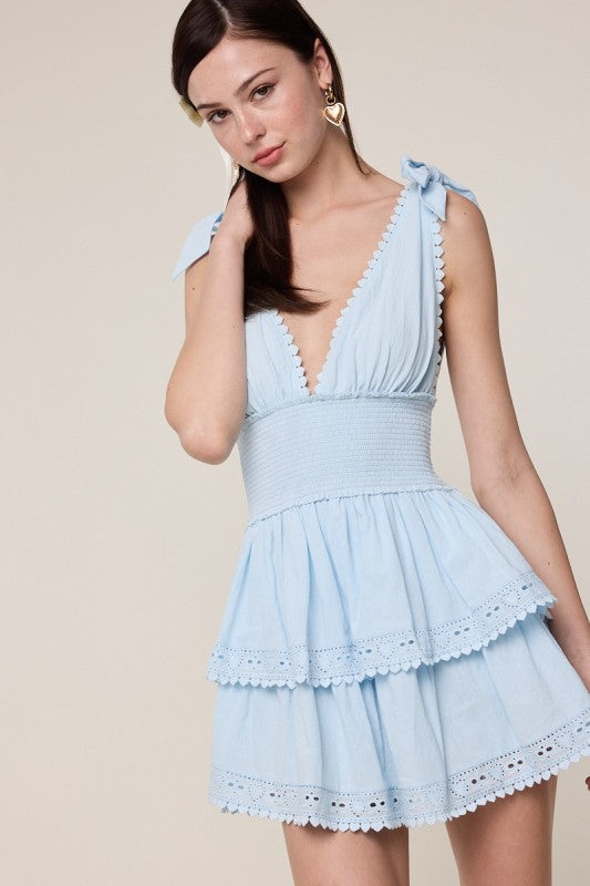 Penelope Baby Blue Tie Strap Layered Lace Mini Dress