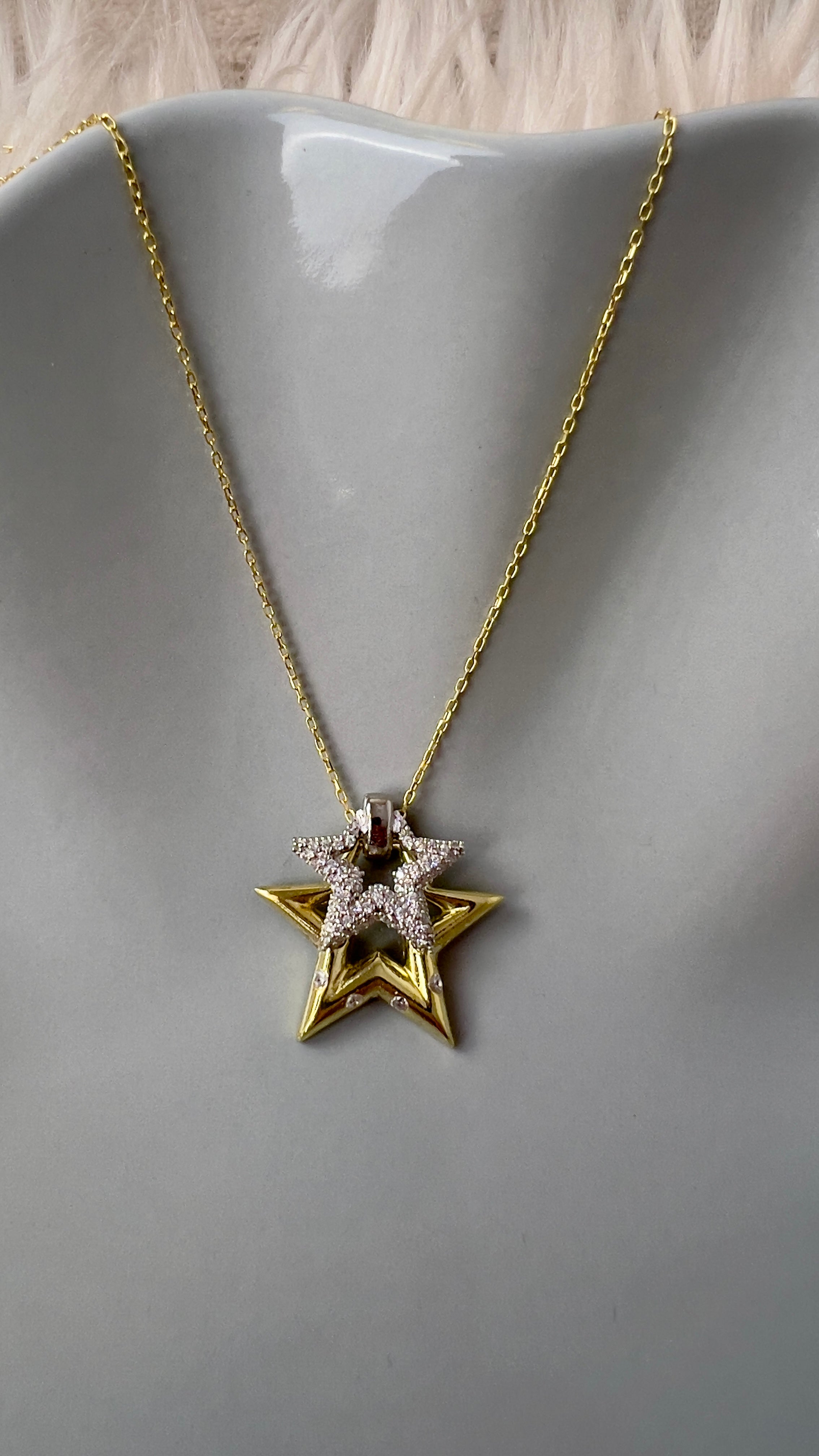Seeing Stars Pavé Necklace - 14K Gold-Plated Sterling Silver Double Star Necklace