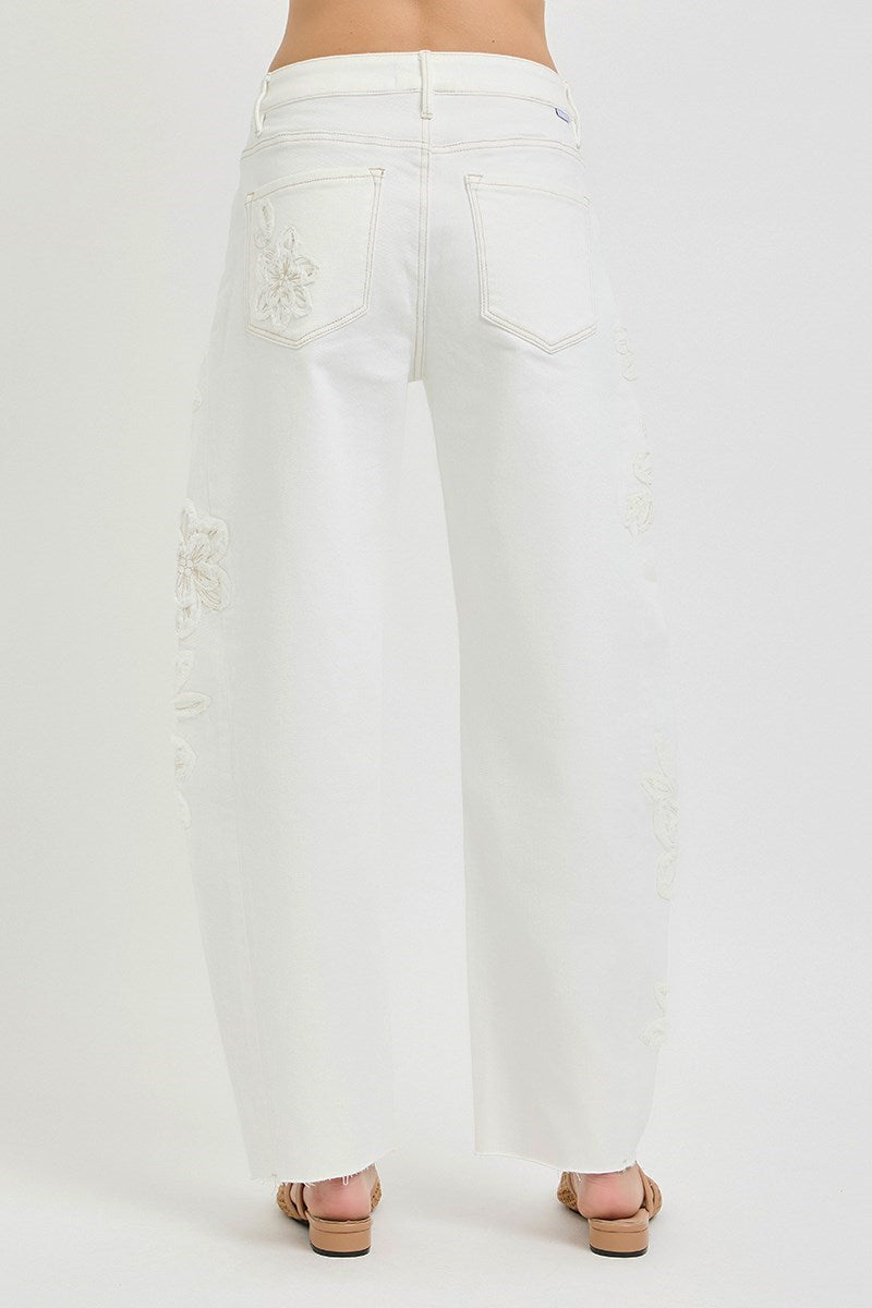 RISEN Tummy Control Slouchy Barrel Fit Pants – Cream with Floral Embroidery