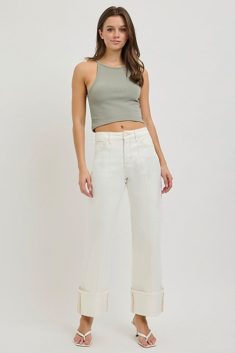 Risen Tummy Control High Rise Crop Wide Leg Denim – Cream