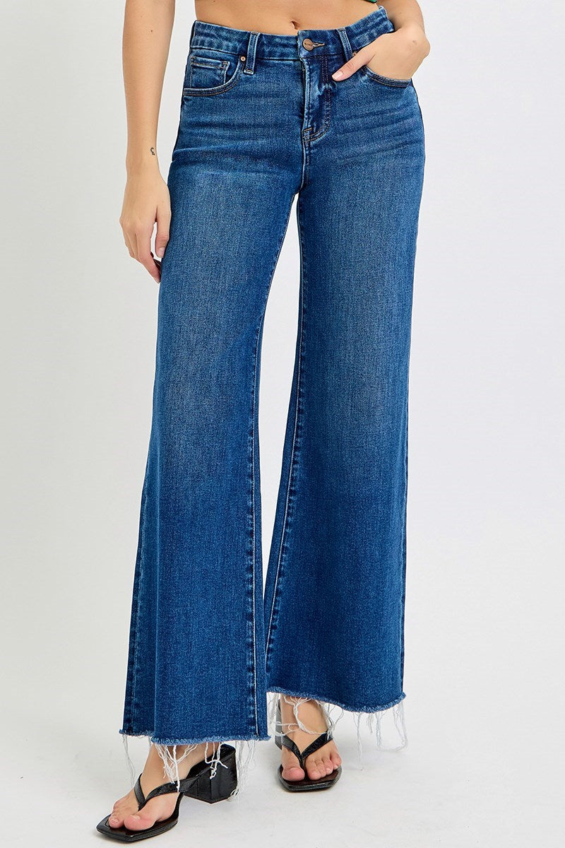 Mid Rise Dark Wash Wide Leg Jean with Tummy Control