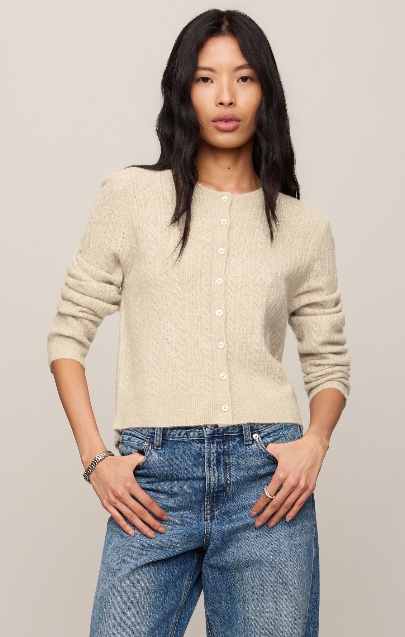Z Supply Medina Pointelle Cardigan Crew Neck Button Front Knit Sweater