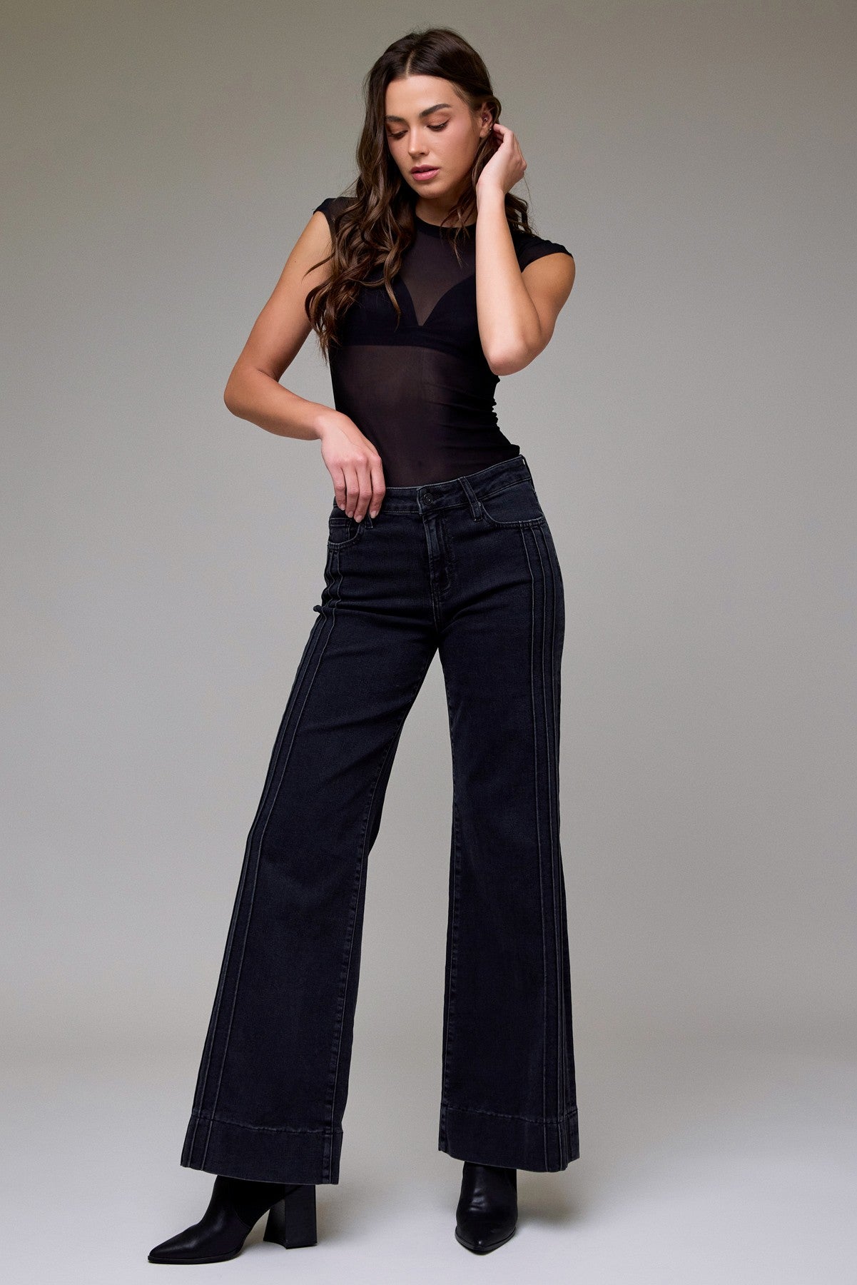 Hidden Charcoal Wash Happi Mid Rise Pin Tuck Comfort Flare