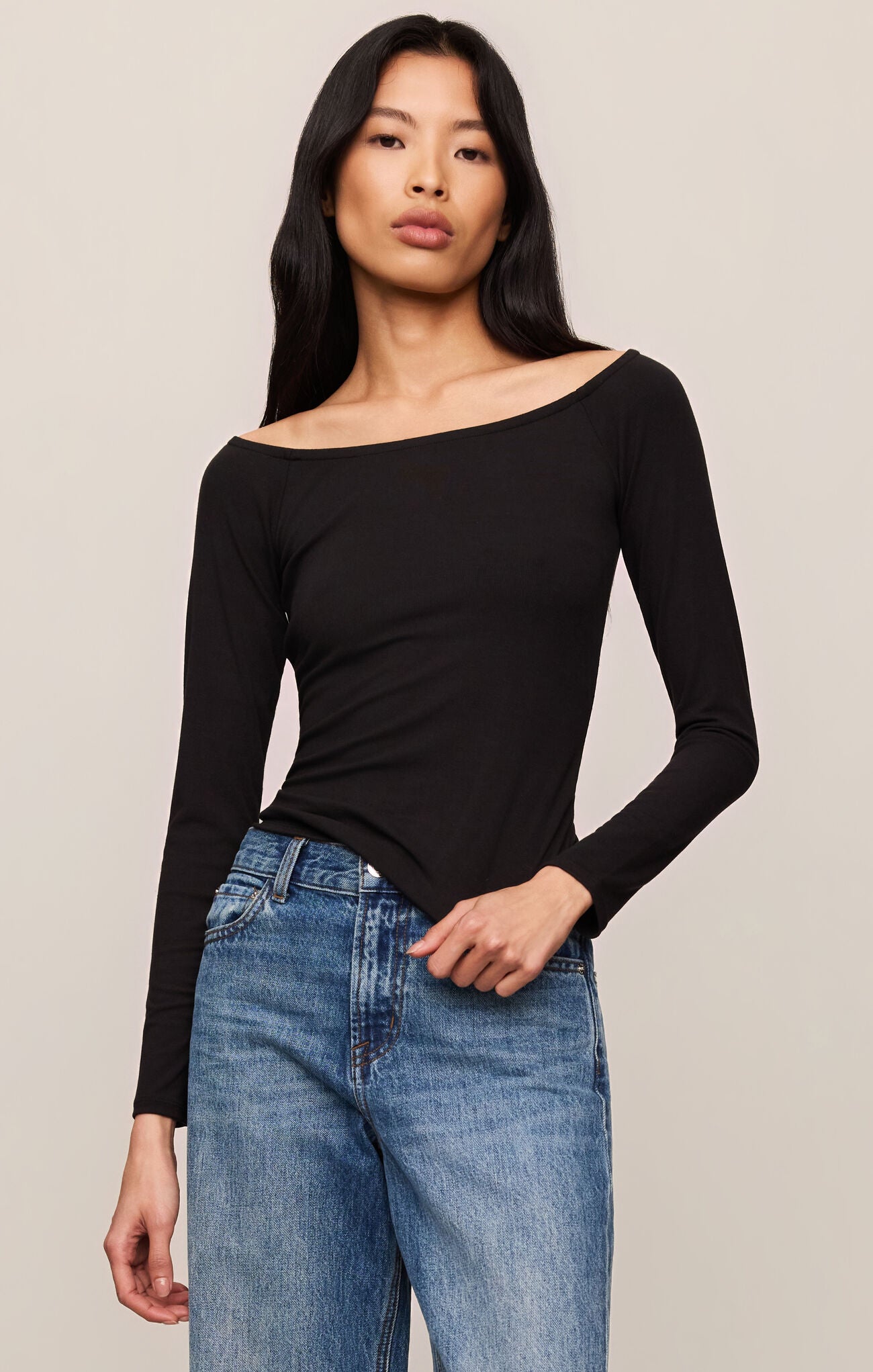 Z Supply Sabrina Off Shoulder Top Long Sleeve Baby Rib Fitted Top
