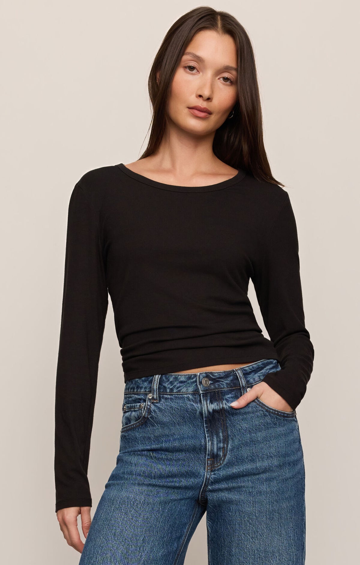 Z Supply Second Skin Crew Long Sleeve Top | Ultra Soft Fitted Layering Essential - Black