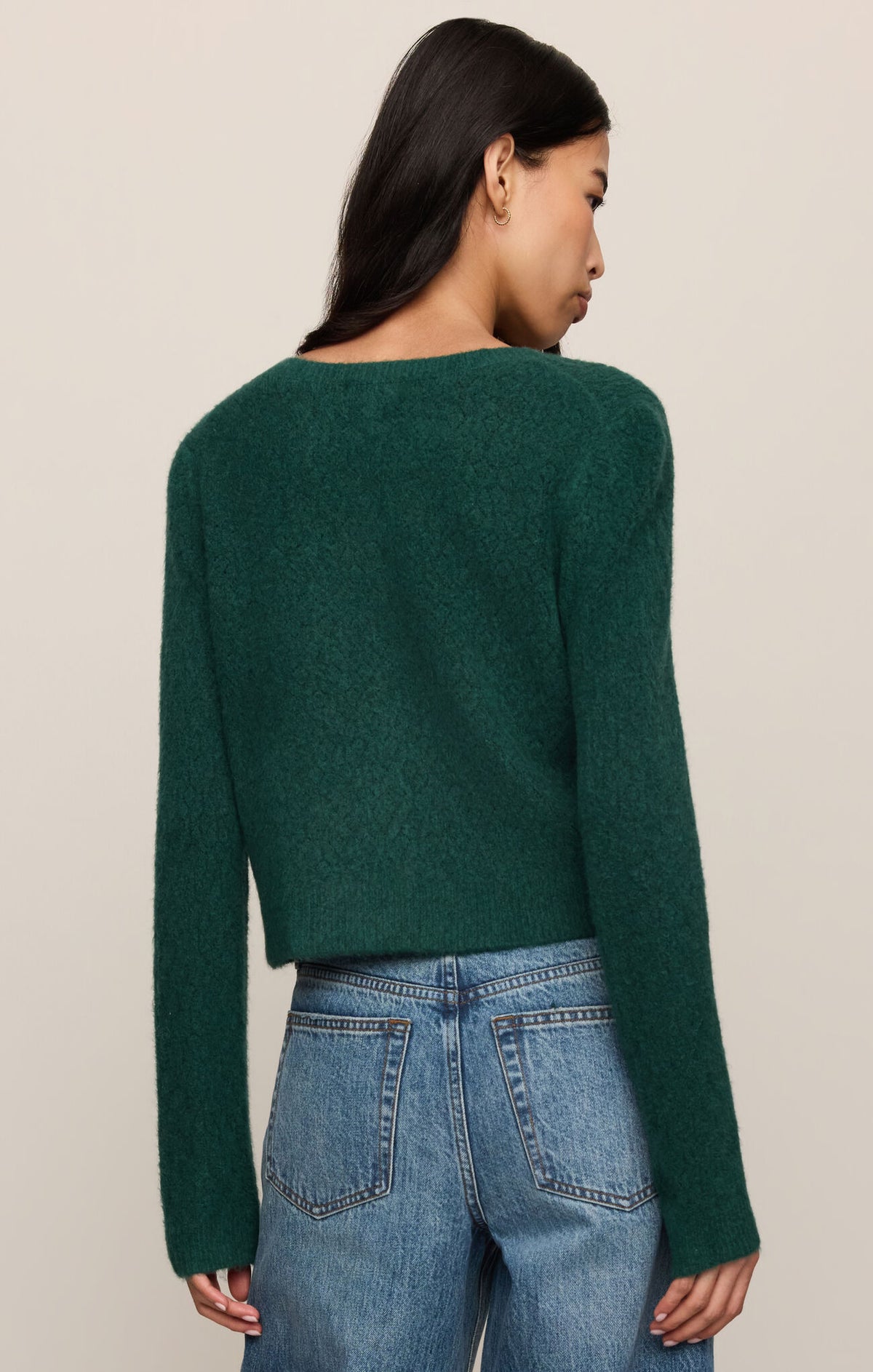Velvet green open-knit cardigan sweater, long sleeves, back view