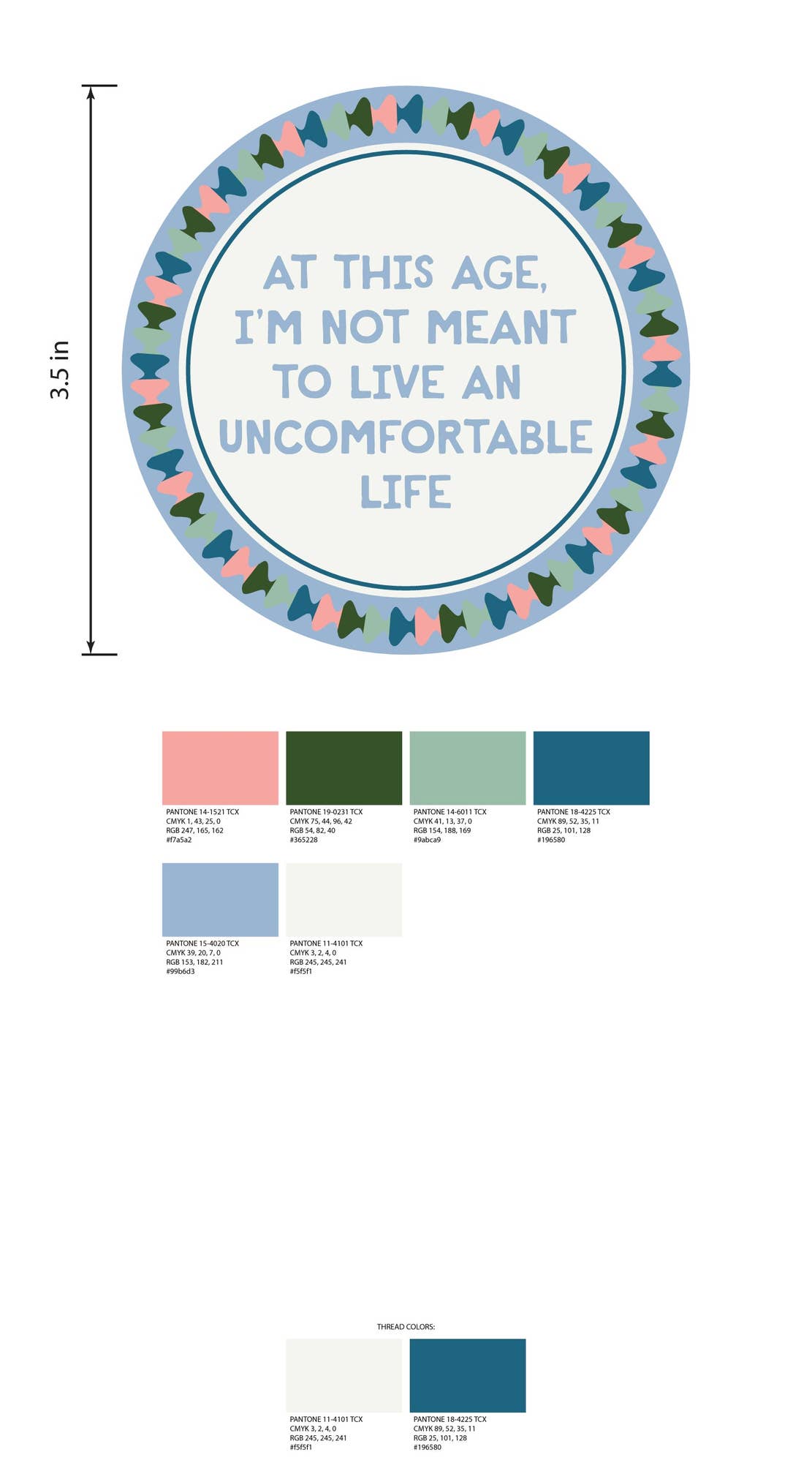Round needlepoint ornament with embroidered quote text and multicolor trim