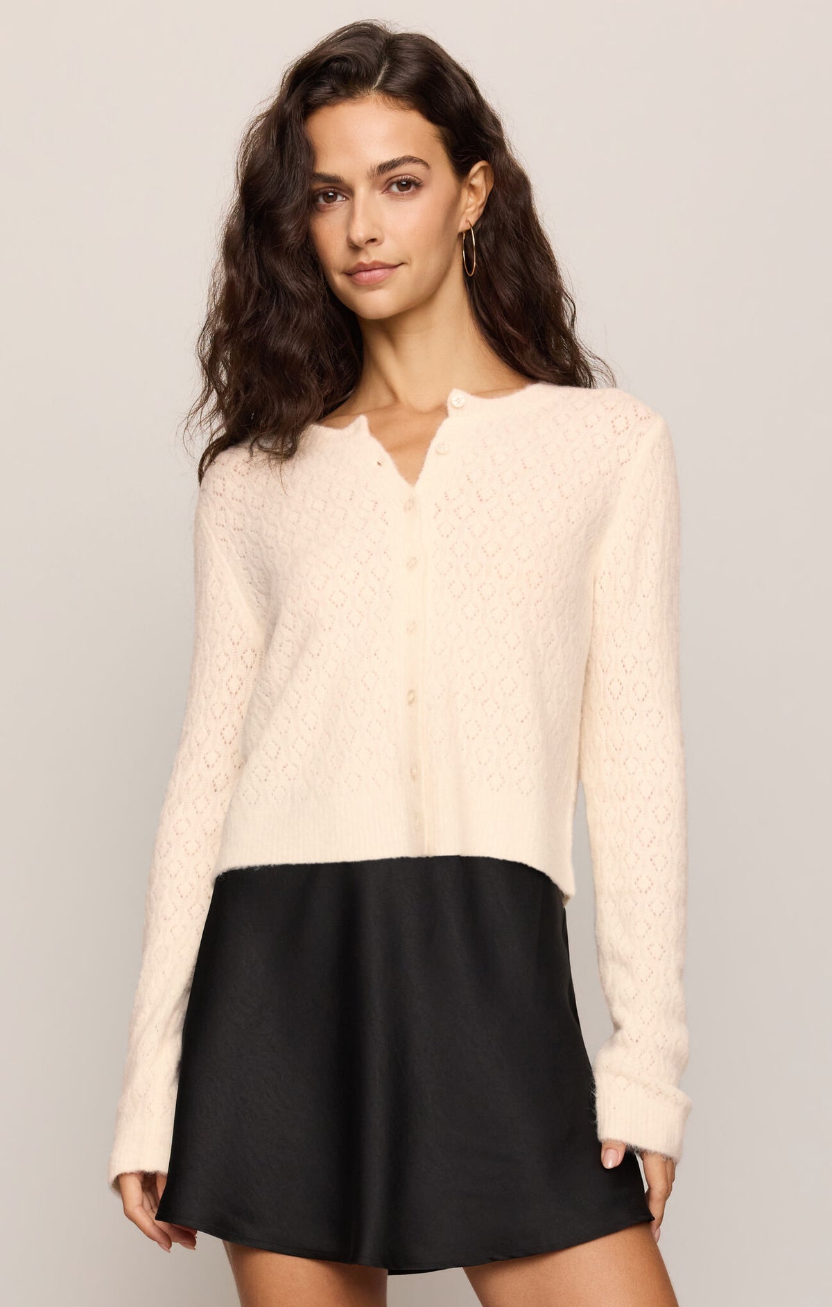 Lightweight sandstone open-knit cardigan with button front and long sleeves