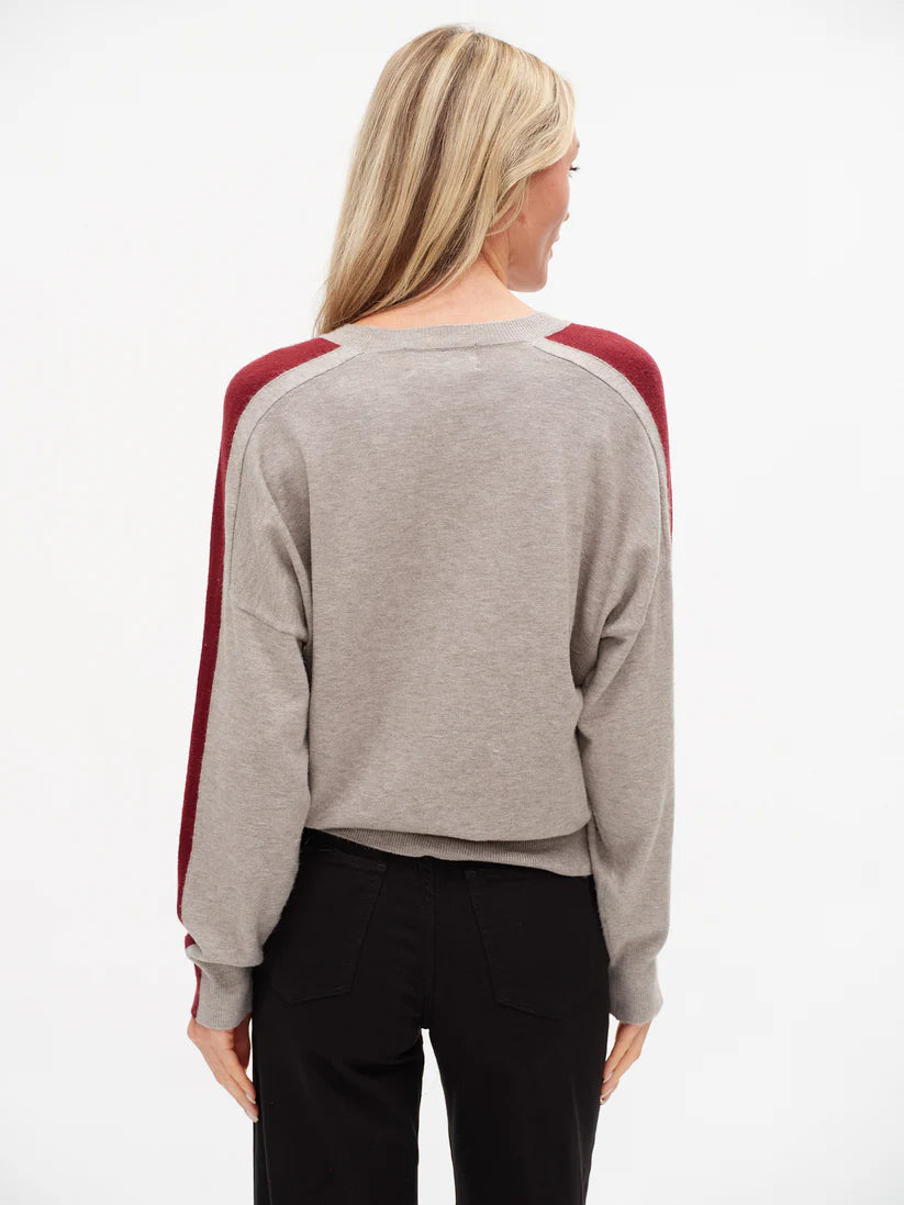 Morgan Star Sweater – Burgundy & Heather Grey Crew Neck with Sleeve Stripe