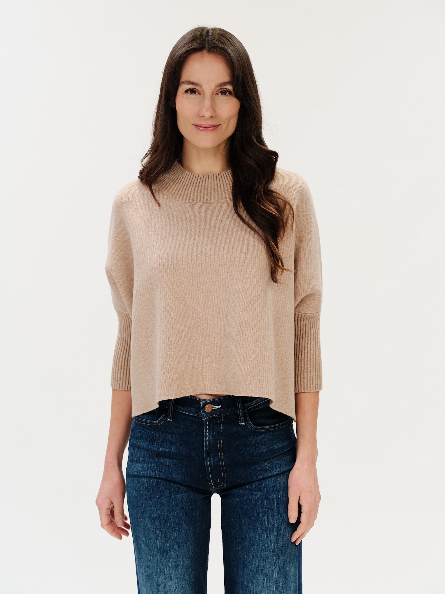 Oslo Funnel Neck 3/4 Sleeve Sweater – Heather Taupe