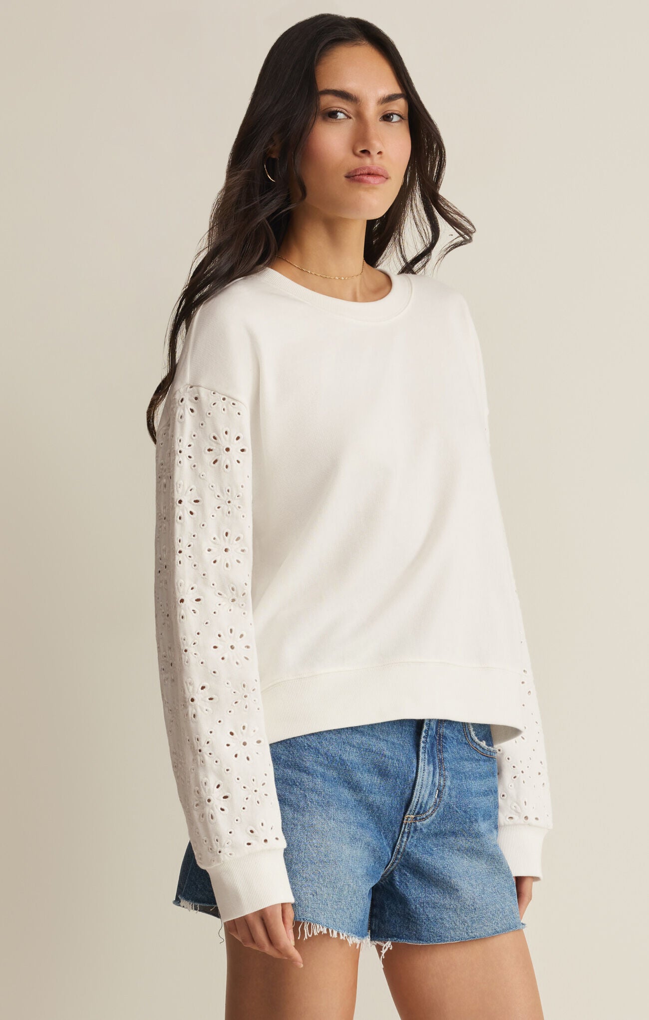 Z Supply Mosaic Knit Eyelet Sweatshirt – White