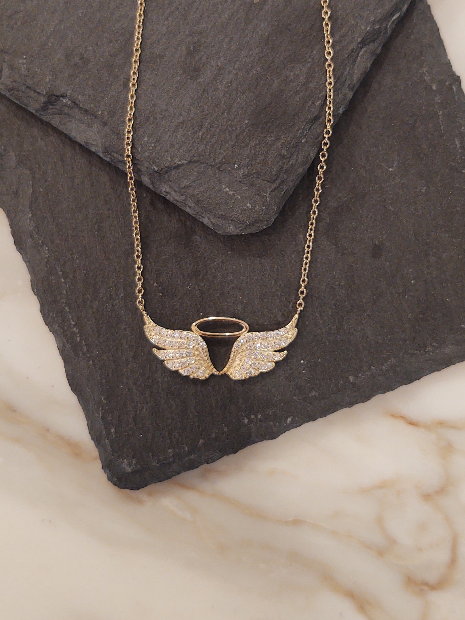 Angel Wing Necklace – Pavé Wing & Halo Pendant in 14K Gold Plated Sterling Silver