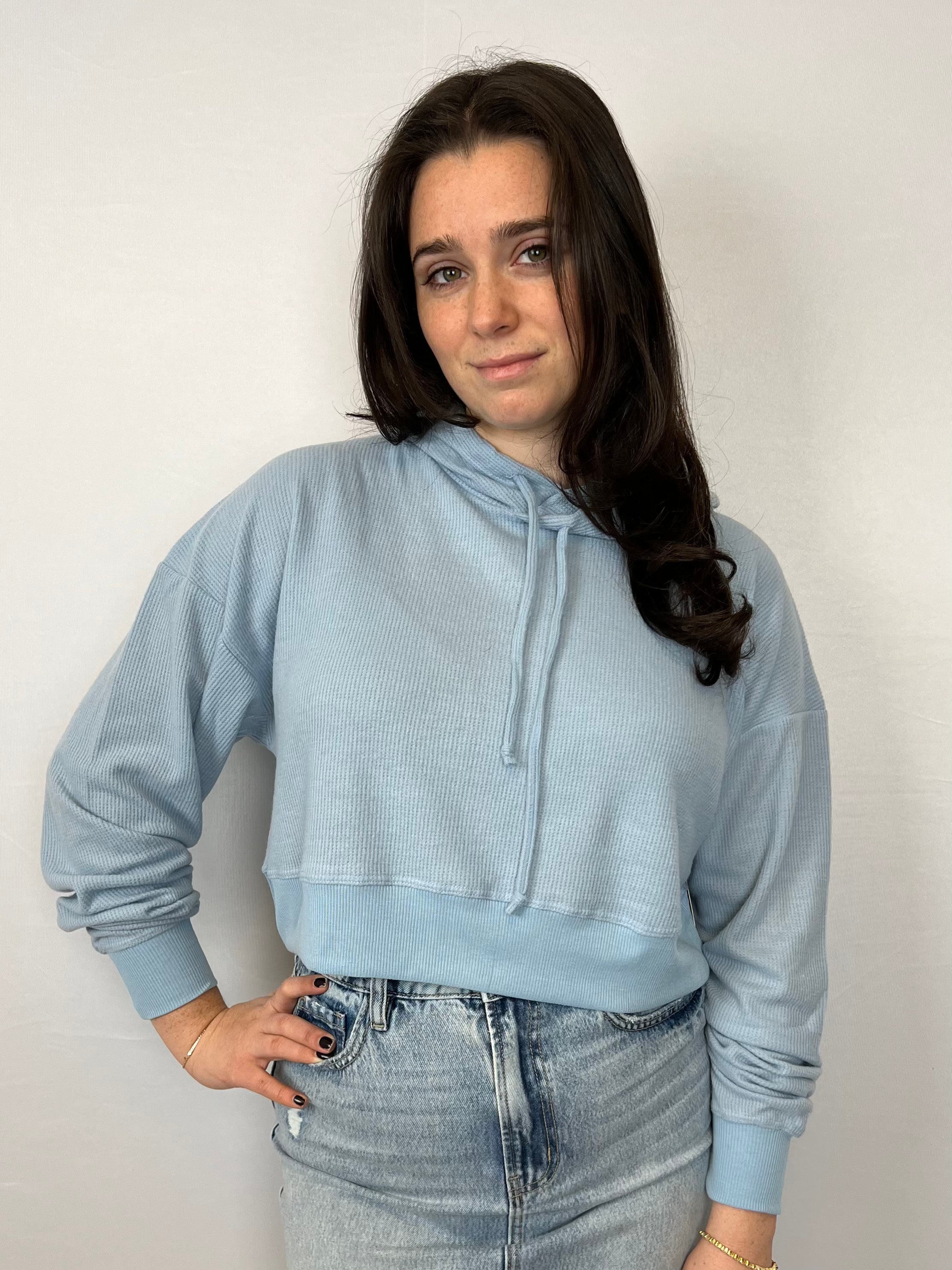 Super Soft Powder Blue Waffle Crop Hoodie