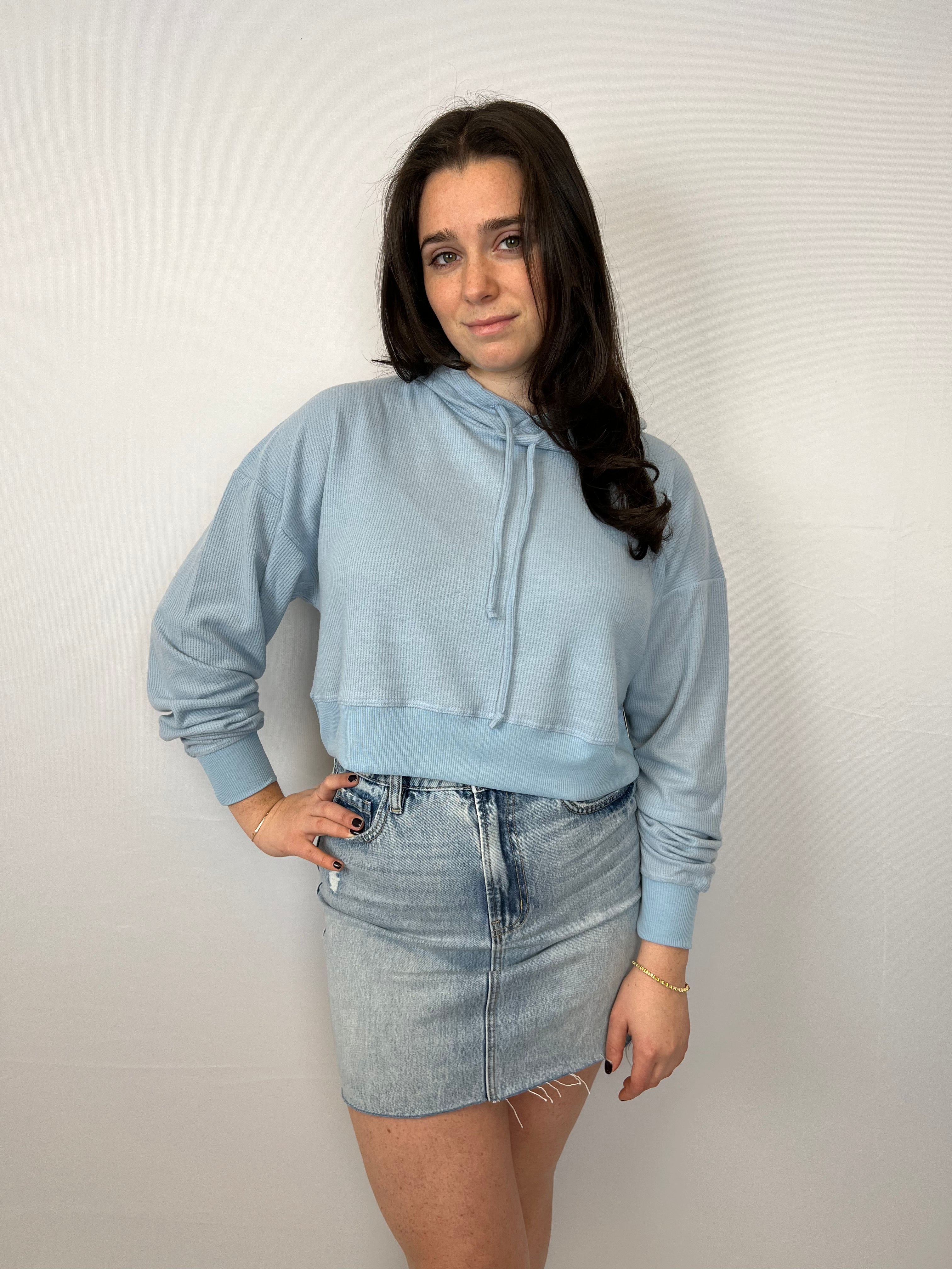 Super Soft Powder Blue Waffle Crop Hoodie