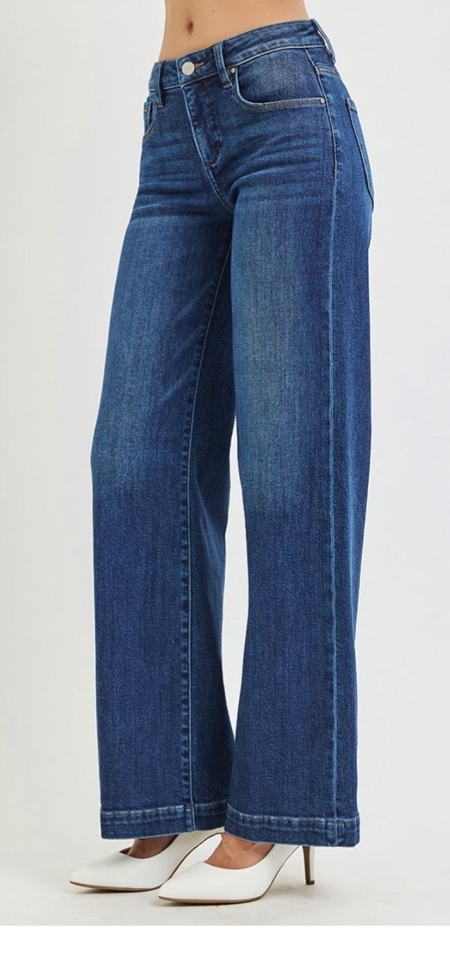 Risen Mid Rise Tummy Control Wide Leg Jeans-Dark Wash