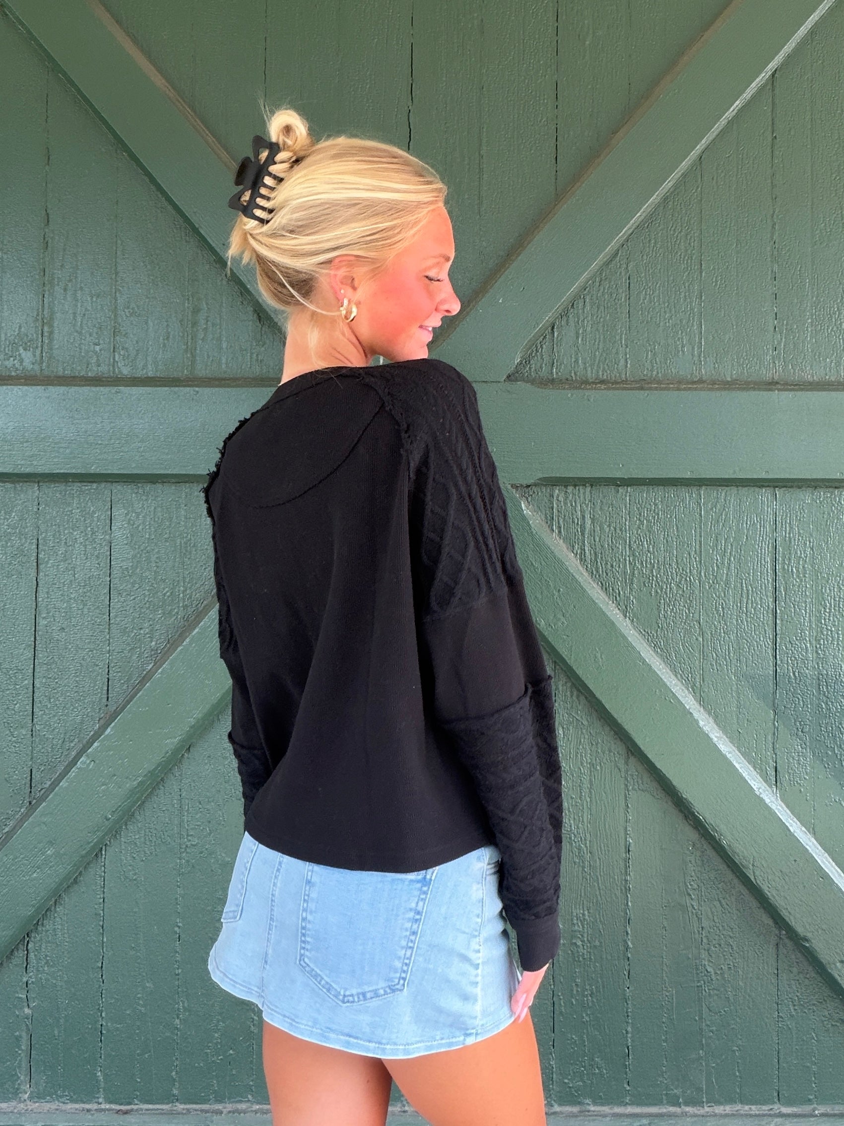 Vintage Havana Black Waffle Cable Knit Henley Top