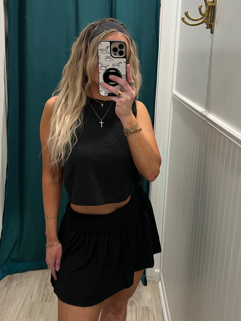 Black Rib Knit Foldover Skort