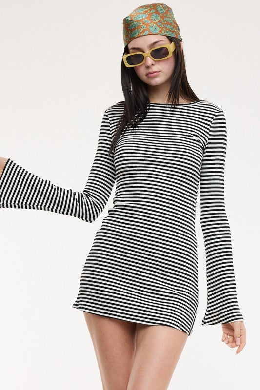 Retro Breeze Striped Bell Sleeve Tee Dress