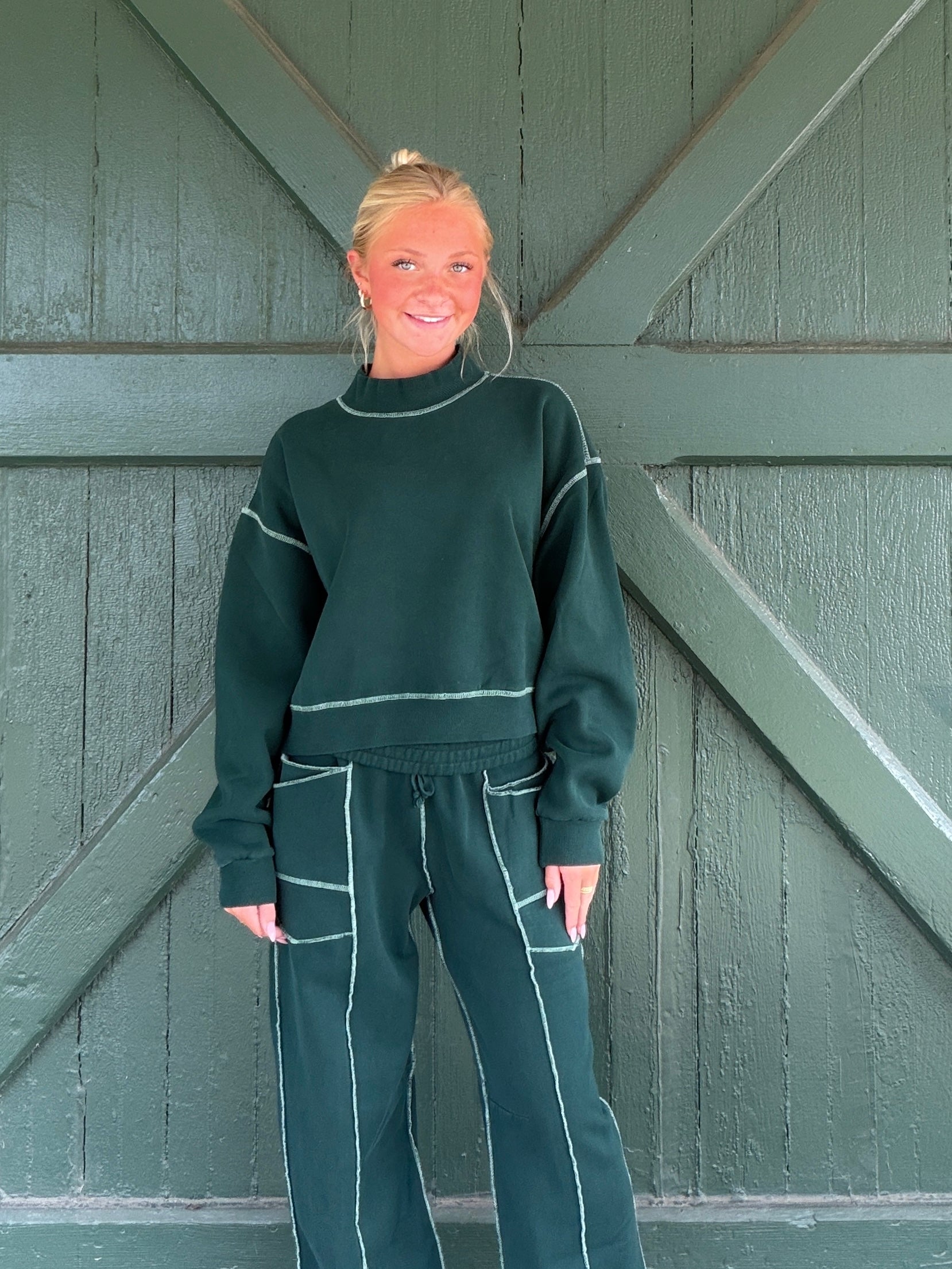 Vintage Havana Pine Green with Ivory Garment Dye Crop Mockneck with Contrast Stitching