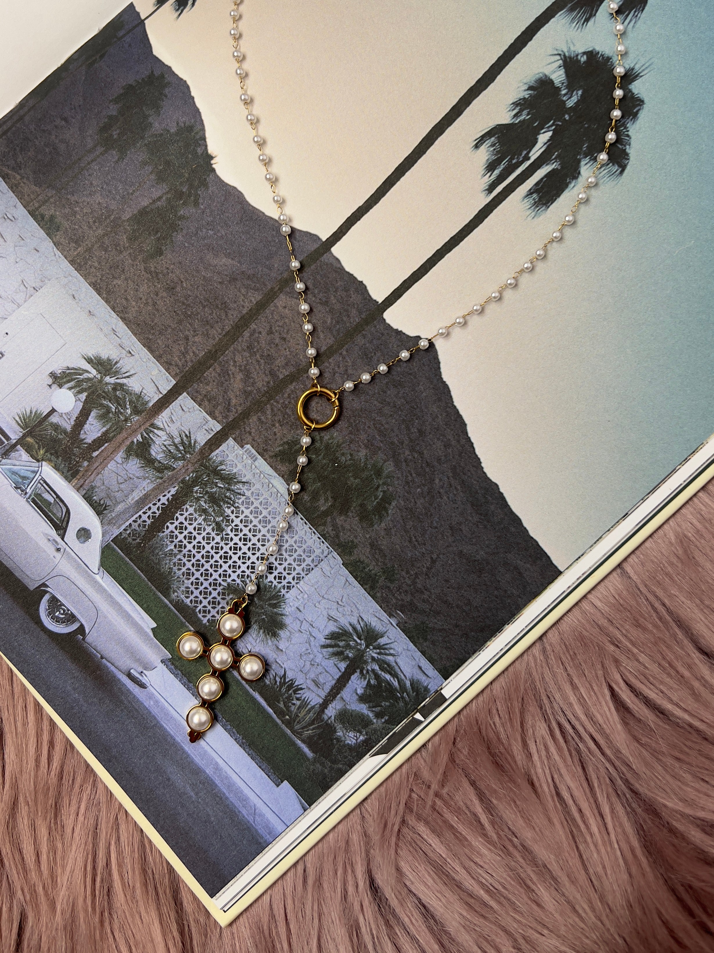 Christina Large Pearl Cross Rosary Necklace