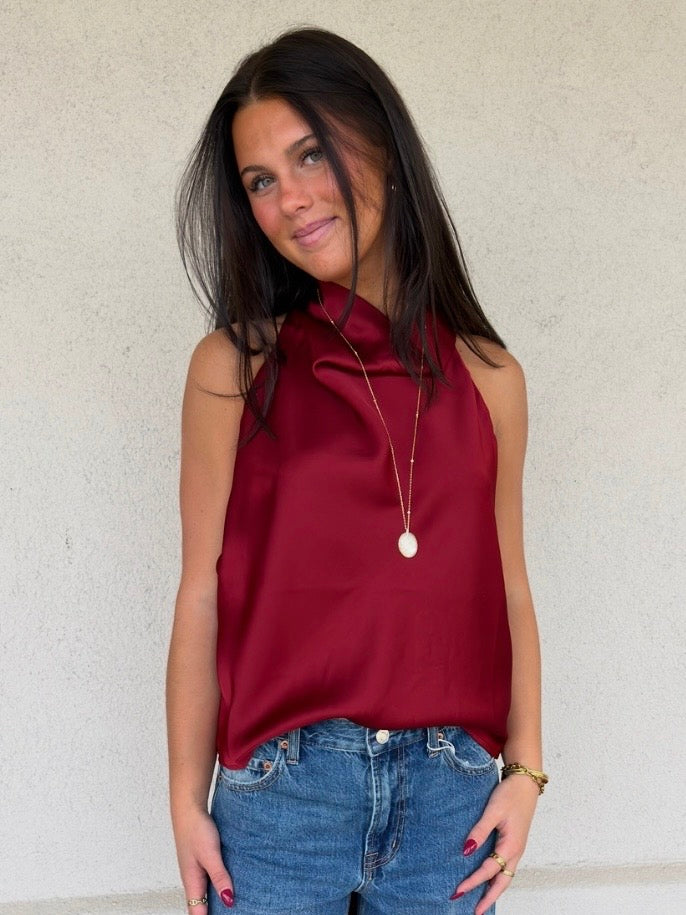 Deep merlot halter scarf top with sleeveless cut and draped neckline
